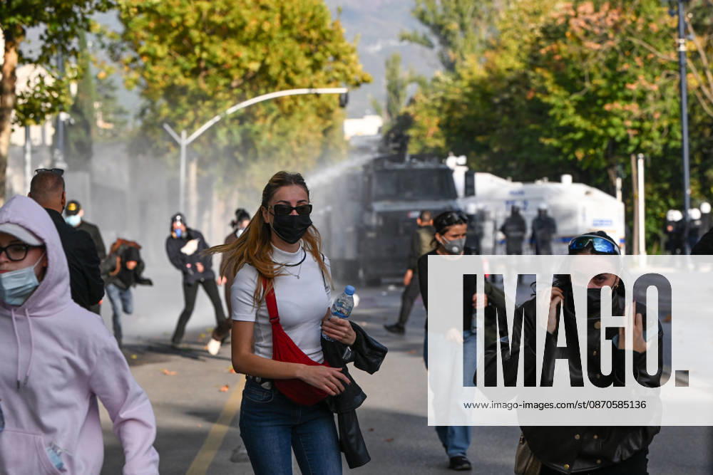 Mass Anti-Government National Protest in Tirana TIRANA, ALBANIA - OCTOBER 24: Riot police officers form a dense shield wall next to an active water cannon vehicle operating on a debris-strewn street on October 24, 2026, in Tirana, Albania. Unrest and physical confrontations erupt in Tirana city center as demonstrators and riot police clash during a massive nationwide protest, turning the capital s main avenue into a major flashpoint as chaotic skirmishes broke out between security forces and factions of the crowd. Artur Widak Anadolu Tirana Albania. Editorial use only. Please get in touch for any other usage.