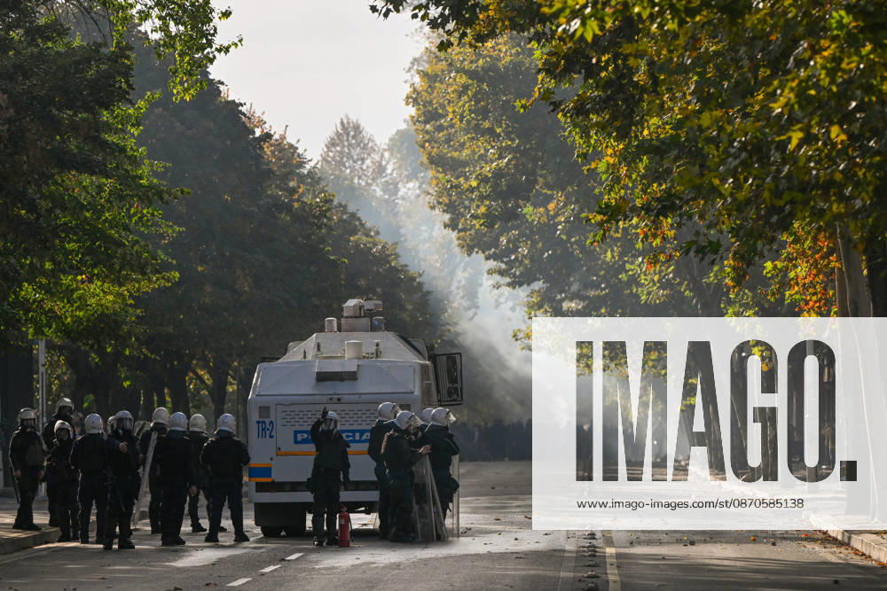 Mass Anti-Government National Protest in Tirana TIRANA, ALBANIA - OCTOBER 24: Riot police officers form a dense shield wall next to an active water cannon vehicle operating on a debris-strewn street on October 24, 2026, in Tirana, Albania. Unrest and physical confrontations erupt in Tirana city center as demonstrators and riot police clash during a massive nationwide protest, turning the capital s main avenue into a major flashpoint as chaotic skirmishes broke out between security forces and factions of the crowd. Artur Widak Anadolu Tirana Albania. Editorial use only. Please get in touch for any other usage.