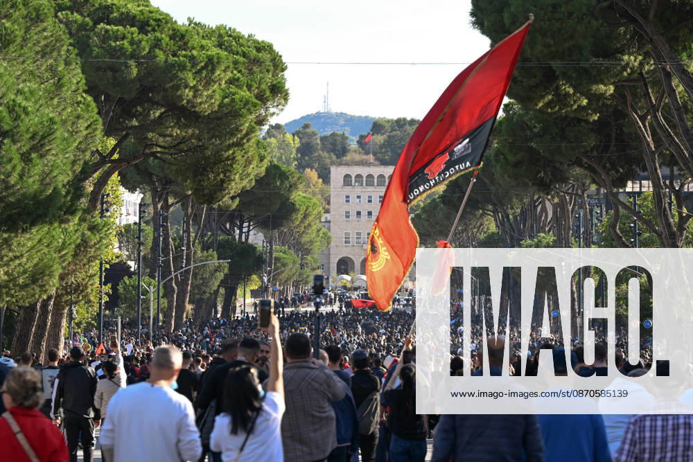 Mass Anti-Government National Protest in Tirana TIRANA, ALBANIA - OCTOBER 24: A large crowd of protesters march through a main avenue on October 24, 2026, in Tirana, Albania. Unrest and physical confrontations erupt in Tirana city center as demonstrators and riot police clash during a massive nationwide protest, turning the capital s main avenue into a major flashpoint as chaotic skirmishes broke out between security forces and factions of the crowd. Artur Widak Anadolu Tirana Albania. Editorial use only. Please get in touch for any other usage.