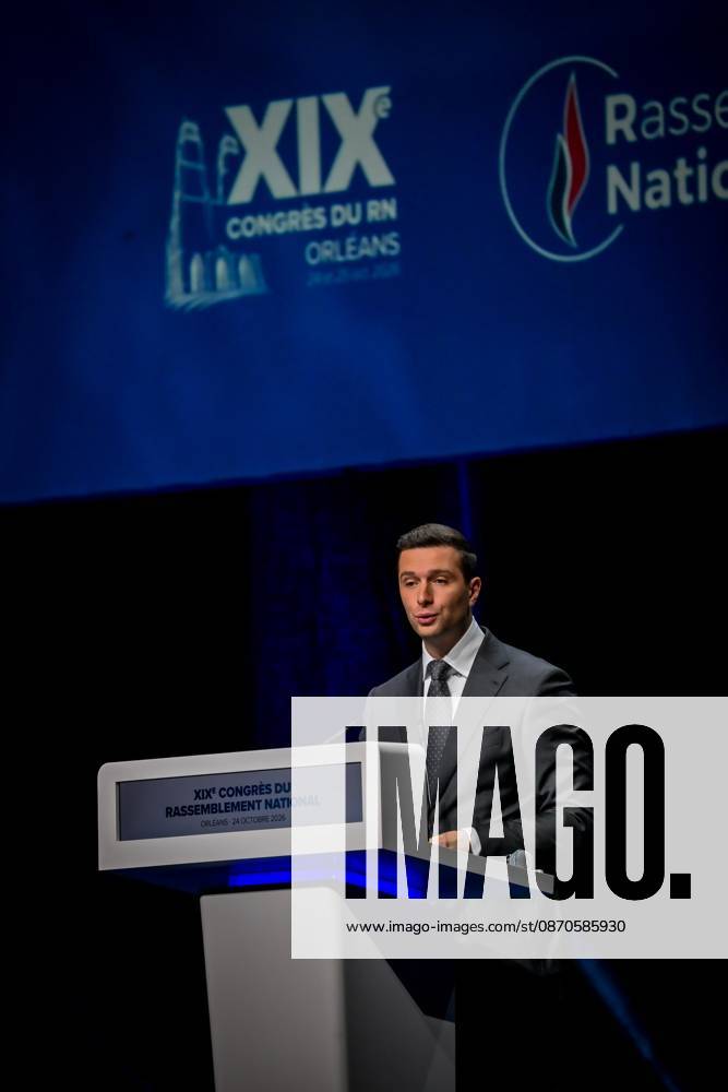 RN CONGRESS IN ORLEANS Quentin Reix PHOTOPQR ECHO REPUBLICAIN October 24, 2026 19th Congress of the National Rally Jordan Bardella Jordan Bardella Orleans October 24, 2026 Photo by Quentin Reix RN NATIONAL RALLY Rassemblement National President Jordan Bardella delivers a speech to the Congress of the far-right party Rassemblement National (RN) at the Co’Met venue in Orléans, central France, October 24, 2026, France