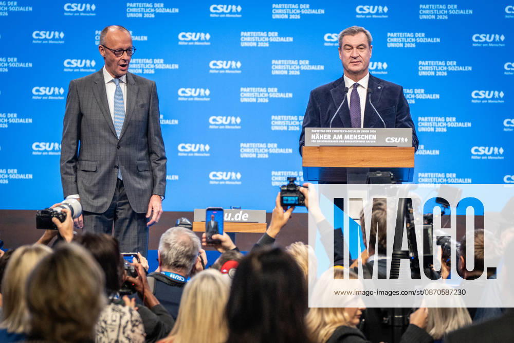 Chancellor Friedrich Merz with CSU Party Chairman Markus Söder at the CSU Party Convention in Munich, Munich, Bavaria, Germany, Munich Trade Fair Grounds