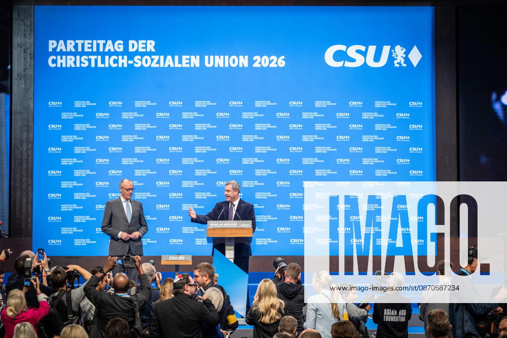 Chancellor Friedrich Merz with CSU Party Chairman Markus Söder at the CSU Party Convention in Munich, Munich, Bavaria, Germany, Munich Trade Fair Grounds