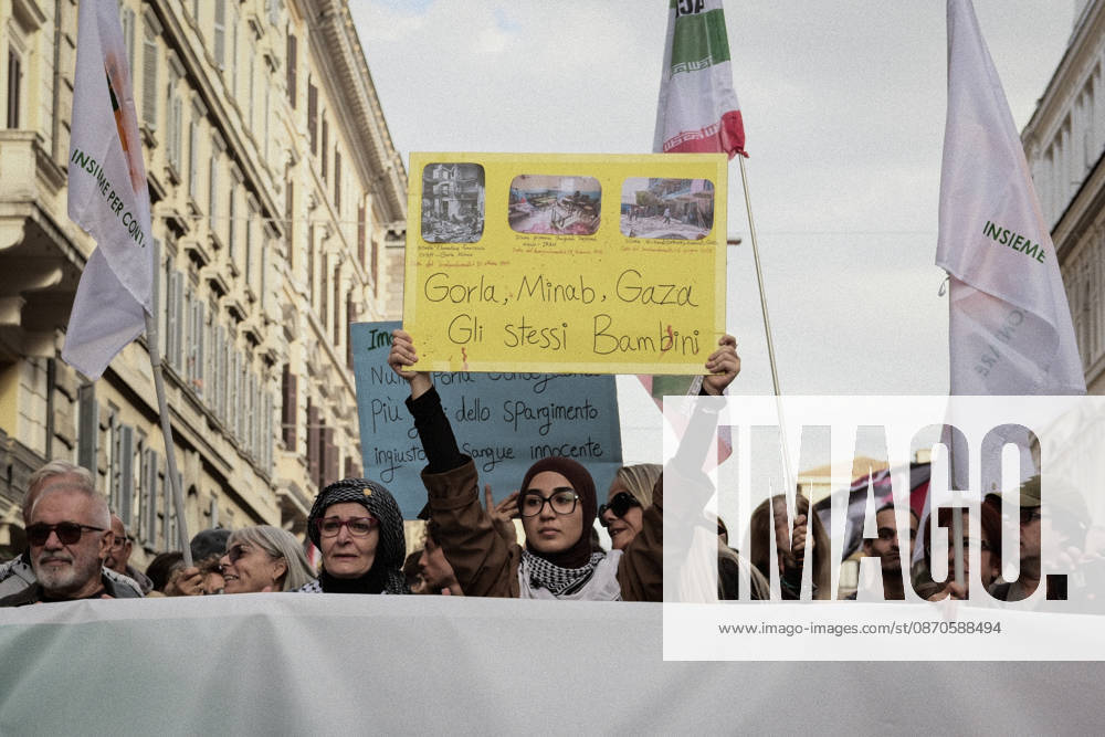 Rome Anti-War Demonstration Rome, Italy, October 24, 2026. Demonstrators take part in an anti-war march, under the slogan Fuori lItalia dalla guerra (Keep Italy Out of the War). Protesters, opposing Italys involvement in wars, military rearmament and the Italian governments policies. Rome Italy