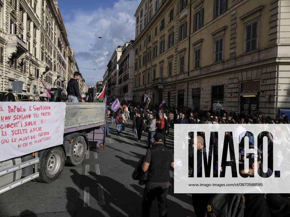Rome Anti-War Demonstration Rome, Italy, October 24, 2026. Demonstrators take part in an anti-war march, under the slogan Fuori lItalia dalla guerra (Keep Italy Out of the War). Protesters, opposing Italys involvement in wars, military rearmament and the Italian governments policies. Rome Italy