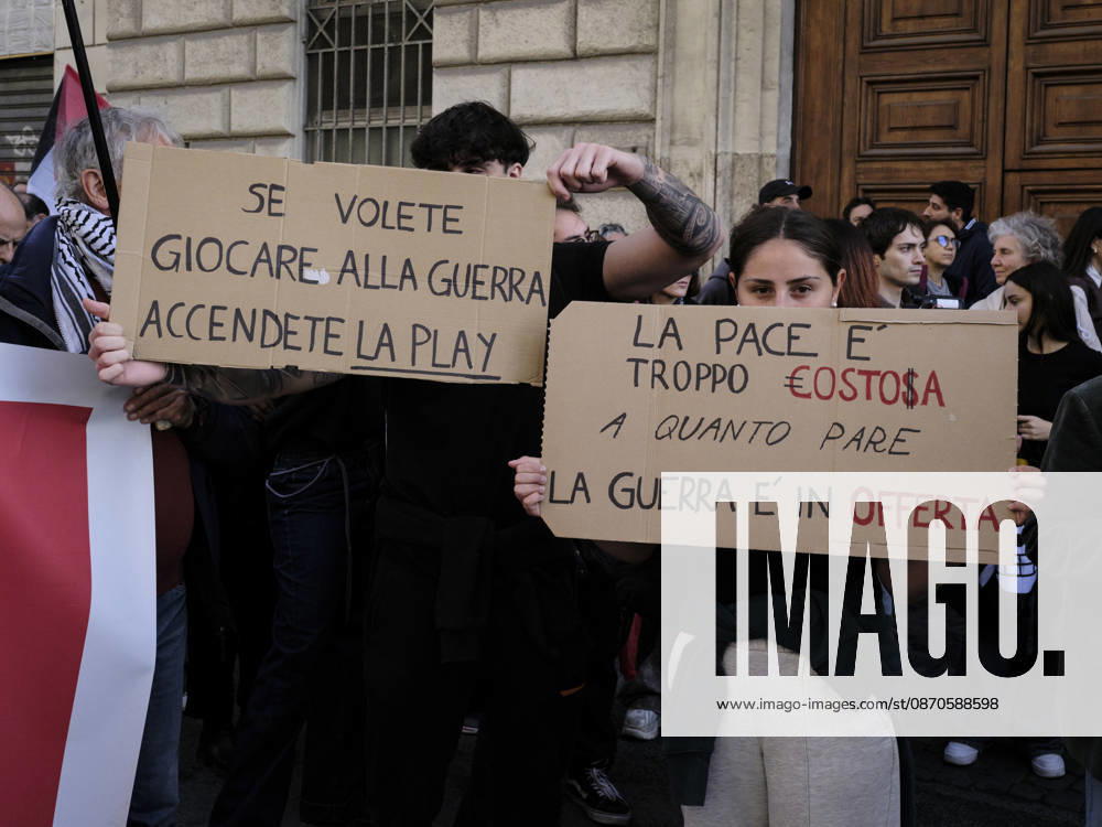 Rome Anti-War Demonstration Rome, Italy, October 24, 2026. Demonstrators take part in an anti-war march, under the slogan Fuori lItalia dalla guerra (Keep Italy Out of the War). Protesters, opposing Italys involvement in wars, military rearmament and the Italian governments policies. Rome Italy