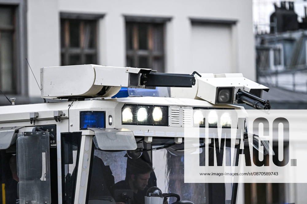 A police water cannon is deployed during student protests in Brussels, Belgium, on 24 October 2026. The water cannon forms part of the riot police operation to disperse demonstrators during unrest in the city centre, between Avenue Lemonnier and Brussels-South railway station.