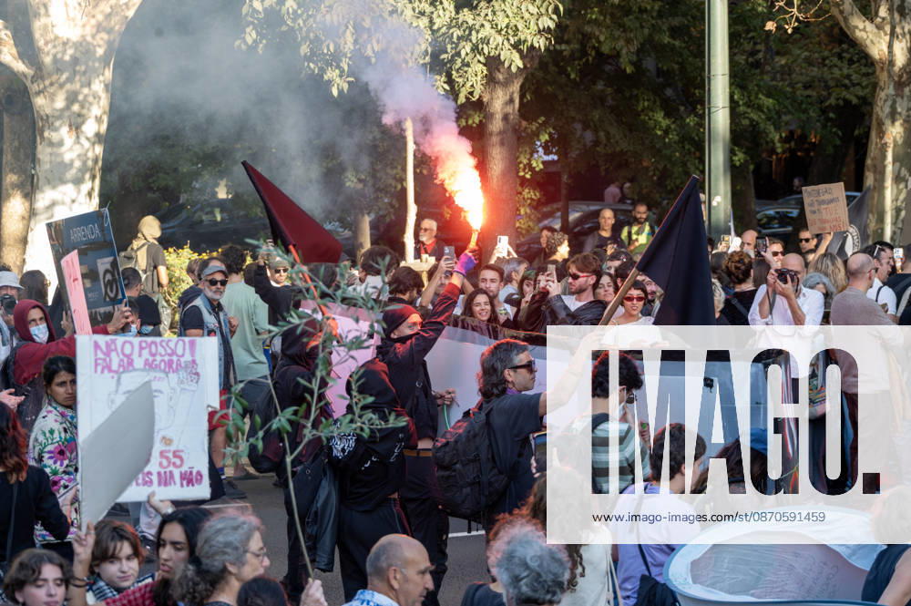 Demonstrators take part in a protest organized by the Acampada de Lisboa housing movement, demanding affordable housing, limits on rising rents and an end to property speculation. The march takes place in central Lisbon, from Marques de Pombal to Rossio Square, following recent police removal of protest tents and the detention of 55 demonstrators during housing protests in the Portuguese capital. Lisbon Portugal - ZUMAr238 20261024_zip_r238_032