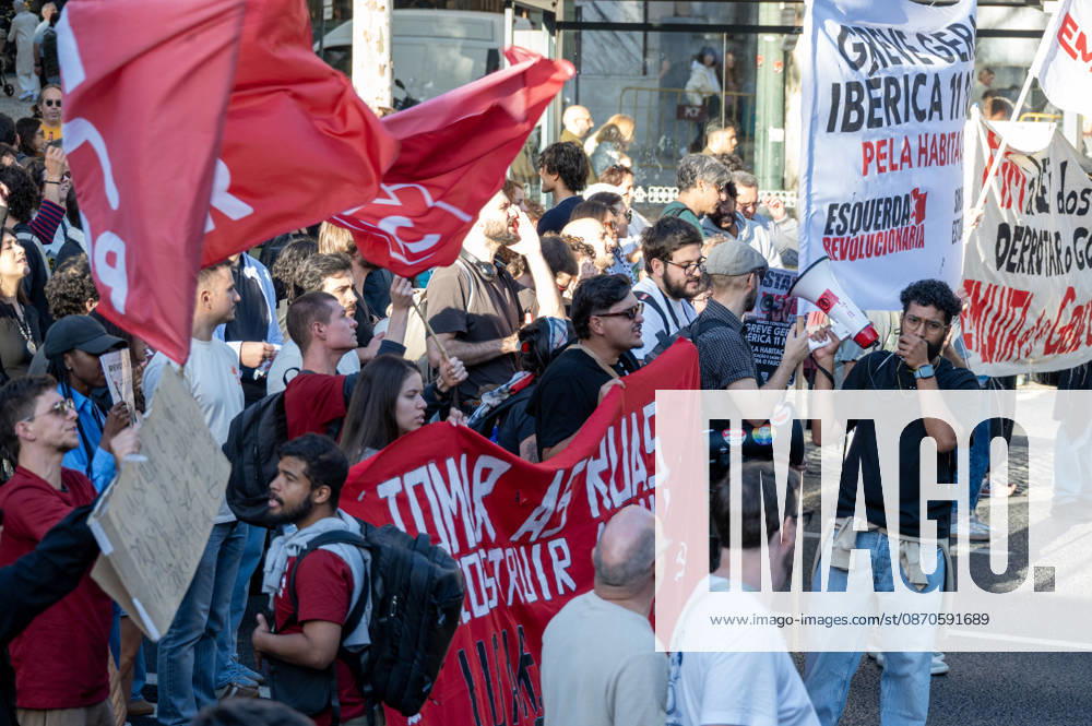 Demonstrators take part in a protest organized by the Acampada de Lisboa housing movement, demanding affordable housing, limits on rising rents and an end to property speculation. The march takes place in central Lisbon, from Marques de Pombal to Rossio Square, following recent police removal of protest tents and the detention of 55 demonstrators during housing protests in the Portuguese capital. Lisbon Portugal - ZUMAr238 20261024_zip_r238_048