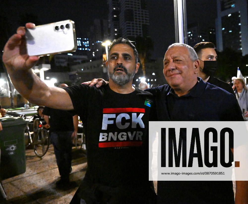 (R) Gadi Eisenkot, Head of the Yashar Party, poses for a photo before joining Israelis at a protest in Hostage Square in Tel Aviv, three days before the election, demanding an independent State Commission of Inquiry into the failures surrounding the October 7, 2023, Hamas massacre, on Saturday, October 24, 2026. JER2026102409 DEBBIExHILL