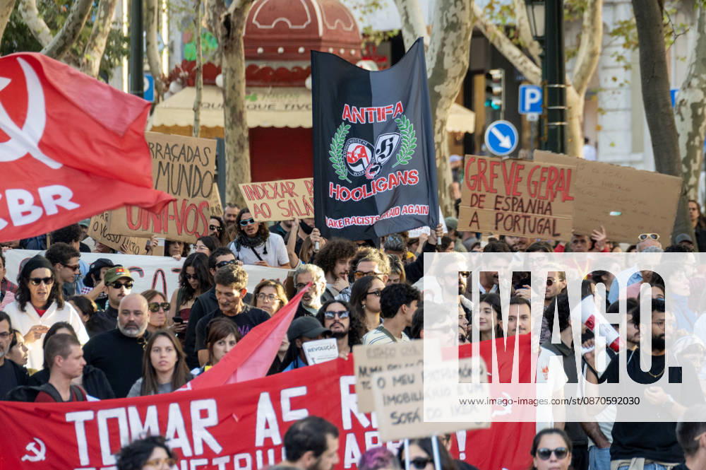 Lisbon, Portugal. 24 October 2026. Demonstrators take part in a protest organized by the Acampada de Lisboa housing movement, demanding affordable housing, limits on rising rents and an end to property speculation. The march takes place in central Lisbon, from Marques de Pombal to Rossio Square, following recent police removal of protest tents and the detention of 55 demonstrators during housing protests in the Portuguese capital. Credit: Alamy Live News Lisbon Portugal - ZUMAr238 20261024_zip_r238_076