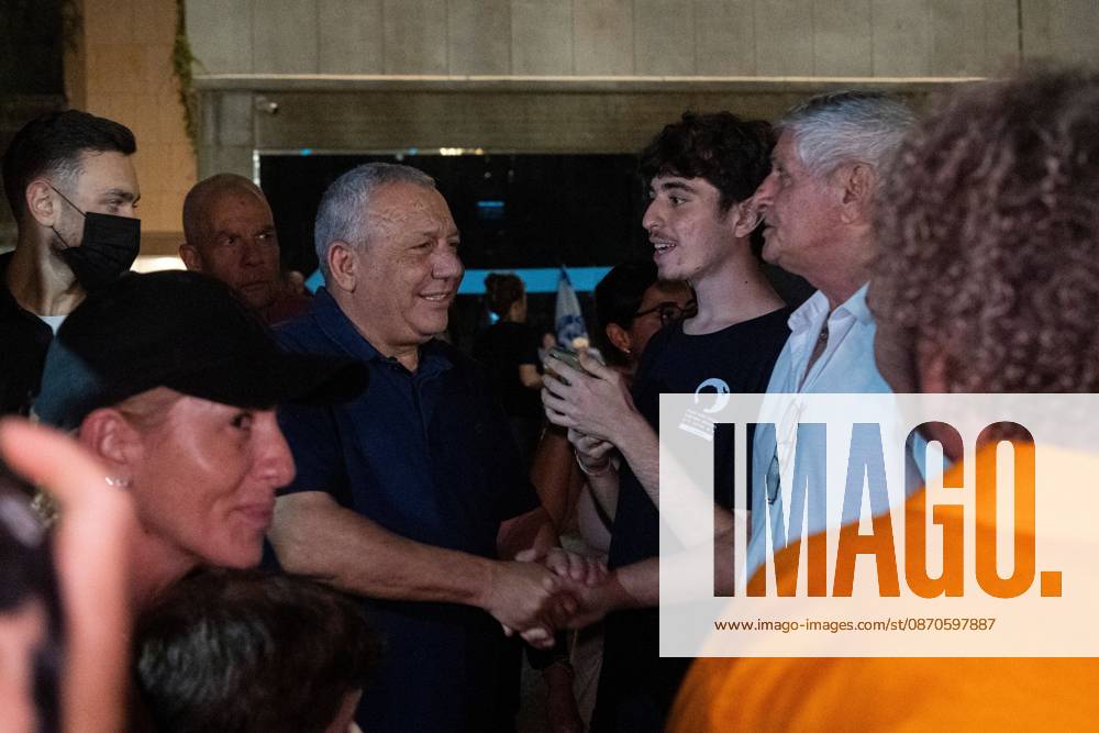 TEL AVIV, ISRAEL - OCT 24 2026. Political frontrunner Gadi Eisenkot shakes the hands of supporters as tens of thousands rally in support of the opposition block in Tel Aviv, Israel three days before the first election since the October 7th Hamas attack and subsequent war. JNA press. Tel Aviv Israel - ZUMAq101 20261024_zna_q101_279