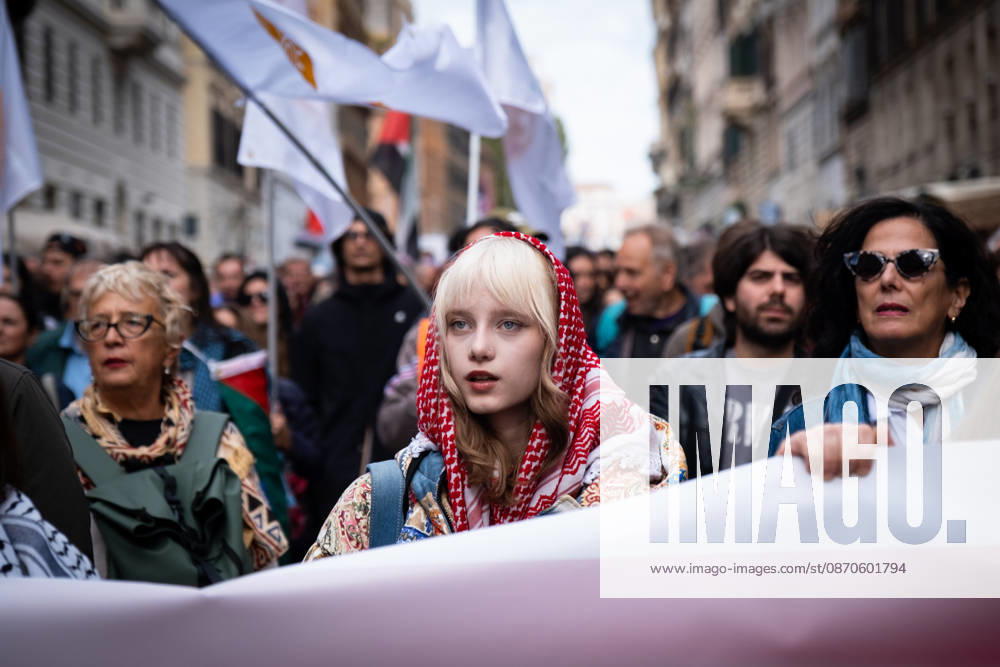 Thousands of people take to the streets to join the Get Italy out of the war march. Participants are calling for peace and protesting against the rising cost of living. Rome Italy - ZUMAg256 20261024_znp_g256_007