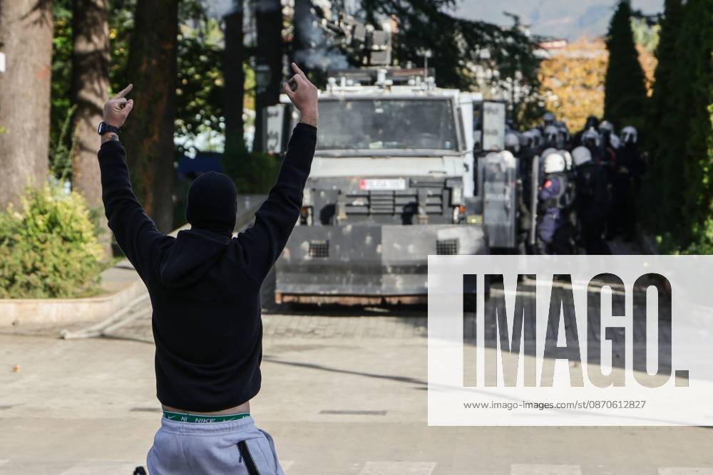 TIRANA, ALBANIA, OCTOBER 24, 2026: Demonstrators clash with riot police during an anti-government protest in central Tirana. Protesters throw stones, pyrotechnics and petrol bombs, while police use tear gas, water cannons and rubber bullets. The demonstrations call for Prime Minister Edi Ramaâ€⠢s resignation, increased support for education and greater political accountability. Tirana Albania - ZUMAq101 20261024_zna_q101_373