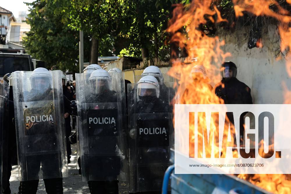 TIRANA, ALBANIA, OCTOBER 24, 2026: Demonstrators clash with riot police during an anti-government protest in central Tirana. Protesters throw stones, pyrotechnics and petrol bombs, while police use tear gas, water cannons and rubber bullets. The demonstrations call for Prime Minister Edi Ramas resignation, increased support for education and greater political accountability. Tirana Albania - ZUMAq101 20261024_zna_q101_363
