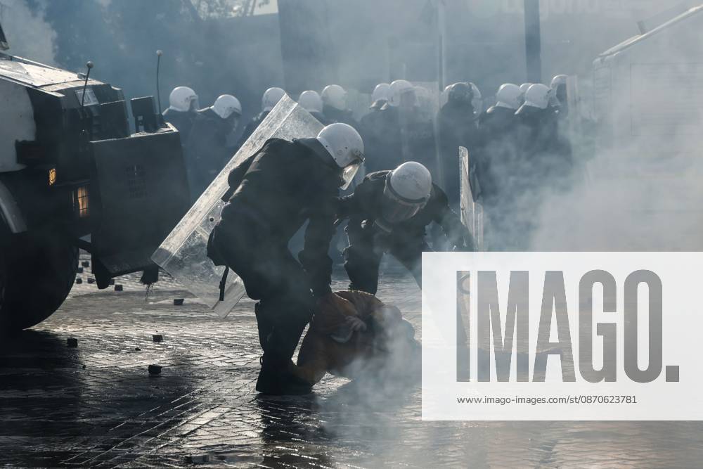 TIRANA, ALBANIA, OCTOBER 24, 2026: Demonstrators clash with riot police during an anti-government protest in central Tirana. Protesters throw stones, pyrotechnics and petrol bombs, while police use tear gas, water cannons and rubber bullets. The demonstrations call for Prime Minister Edi Ramas resignation, increased support for education and greater political accountability. Tirana Albania - ZUMAq101 20261024_zna_q101_358