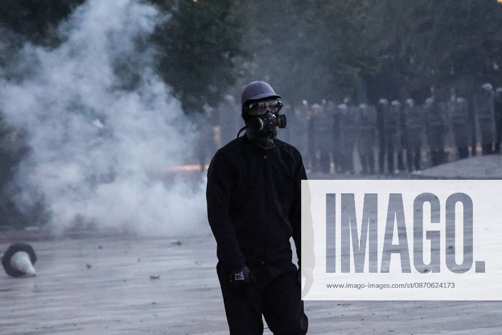 TIRANA, ALBANIA, OCTOBER 24, 2026: Demonstrators clash with riot police during an anti-government protest in central Tirana. Protesters throw stones, pyrotechnics and petrol bombs, while police use tear gas, water cannons and rubber bullets. The demonstrations call for Prime Minister Edi Ramas resignation, increased support for education and greater political accountability. Tirana Albania - ZUMAq101 20261024_zna_q101_359