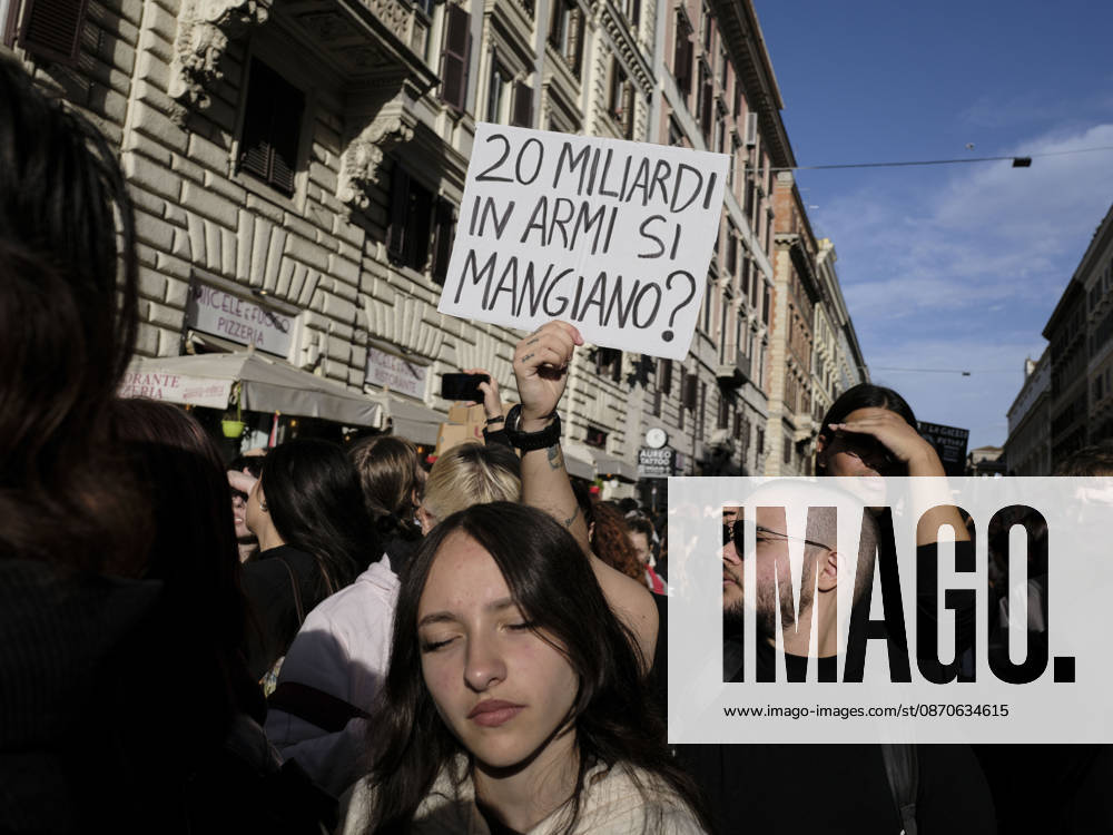 Rome Anti War Protest A demonstrator holds a sign reading Do 20 billion spent on weapons feed people? during an anti-war protest in Rome, Italy on October 24, 2026. Demonstrators took part in an anti-war march under the slogan Keep Italy Out of the War . Protesters further voiced opposition to Italy s involvement in armed conflicts, military rearmament and government policies. Rome Lazio Italy