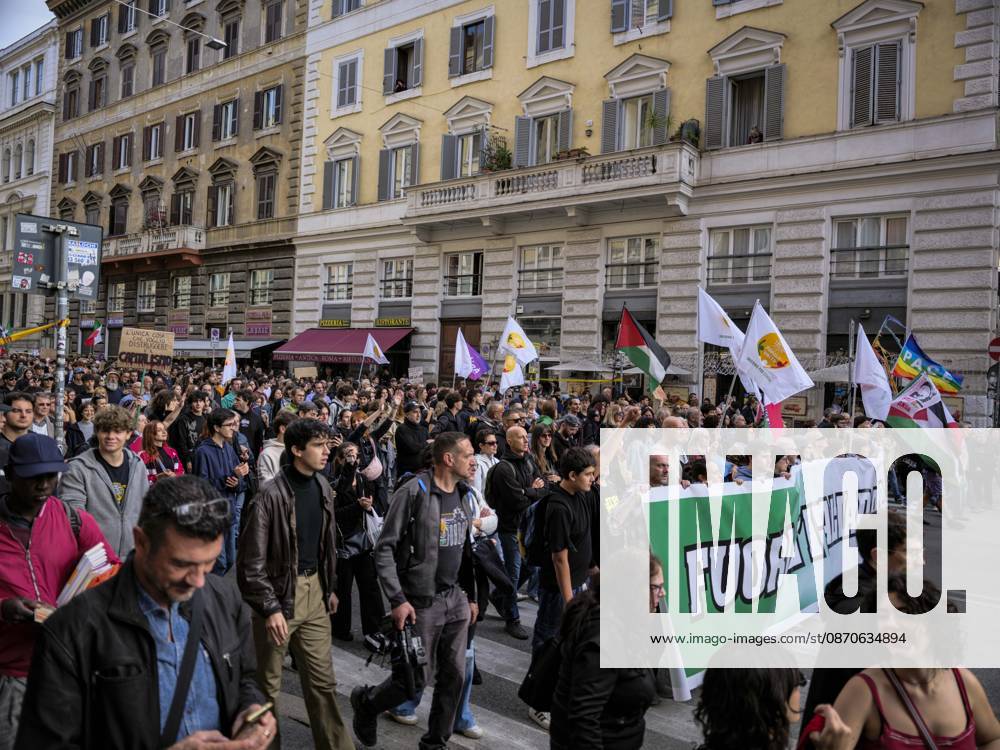 Rome Anti War Protest A crowd of demonstrators marches through a street during an anti-war protest in Rome, Italy on October 24, 2026. Demonstrators took part in an anti-war march under the slogan Keep Italy Out of the War . Protesters further voiced opposition to Italy s involvement in armed conflicts, military rearmament and government policies. Rome Lazio Italy