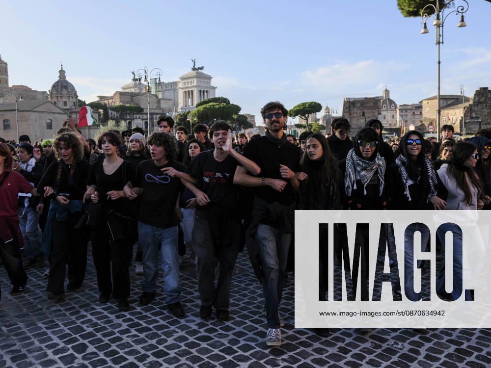 Rome Anti War Protest Demonstrators march together during an anti-war protest in Rome, Italy on October 24, 2026. Demonstrators took part in an anti-war march under the slogan Keep Italy Out of the War . Protesters further voiced opposition to Italy s involvement in armed conflicts, military rearmament and government policies. Rome Lazio Italy