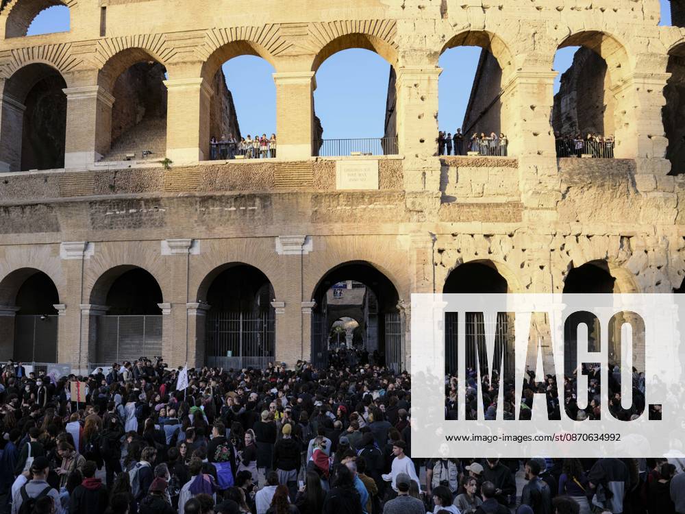 Rome Anti War Protest A crowd of demonstrators gathers outside the Colosseum during an anti-war protest in Rome, Italy on October 24, 2026. Demonstrators took part in an anti-war march under the slogan Keep Italy Out of the War . Protesters further voiced opposition to Italy s involvement in armed conflicts, military rearmament and government policies. Rome Lazio Italy