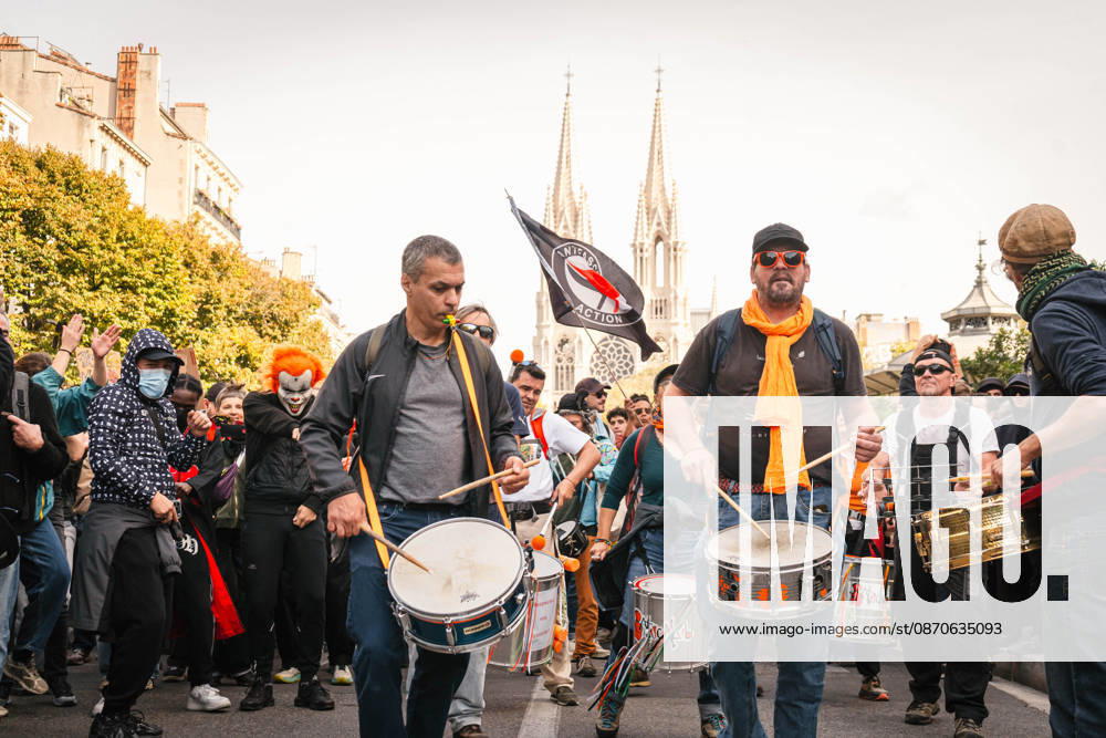 Marseille France Street Protests Musicians play drums at the front of a protest march in Marseille, France on October 24, 2026. Authorities deployed around 70,000 security personnel across France for renewed protests over the cost of living, after unrest a week earlier saw public buildings damaged, hundreds of shops looted and about 2,700 people arrested. Marseille Provence-Alpes-CÃ te France