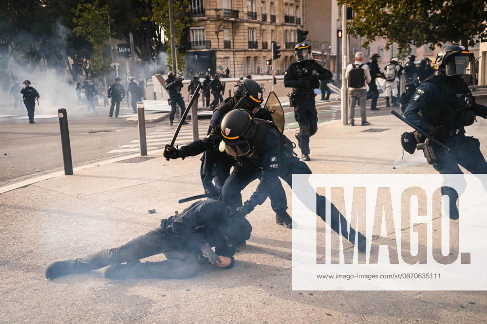 Marseille France Street Protests Police officers detain a person during a protest in Marseille, France on October 24, 2026. Authorities deployed around 70,000 security personnel across France for renewed protests over the cost of living, after unrest a week earlier saw public buildings damaged, hundreds of shops looted and about 2,700 people arrested. Marseille Provence-Alpes-CÃ te France