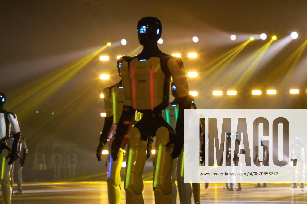 One hundred and ten domestic humanoid robots perform a synchronized dance to challenge for the Guinness World Record for most robots dancing simultaneously at Jinan Yellow River International Convention and Exhibition Center on October 24, 2026 in Jinan, Shandong Province of China.