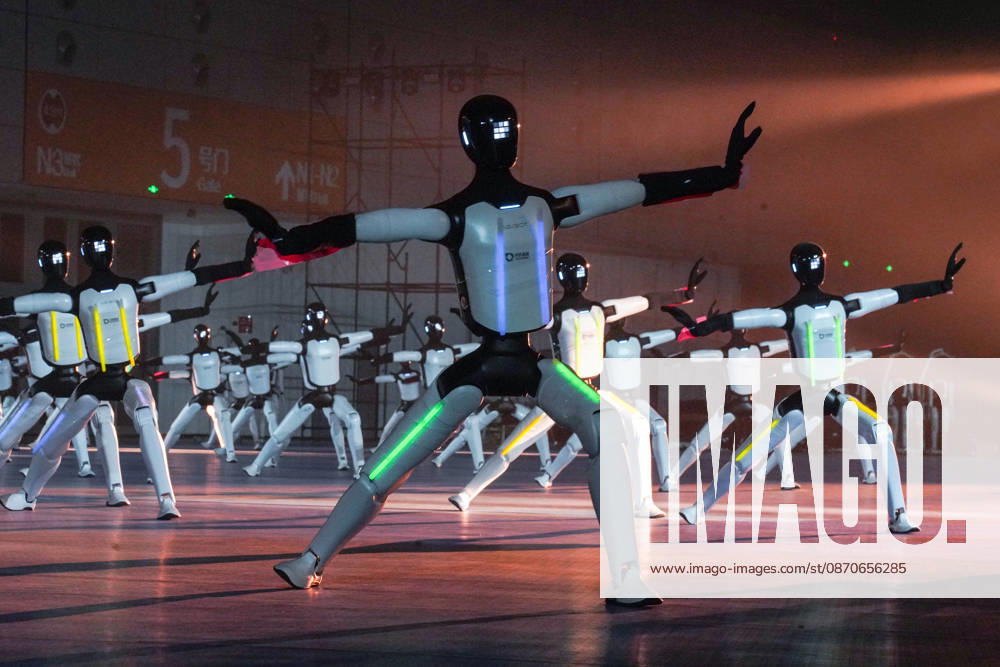 One hundred and ten domestic humanoid robots perform a synchronized dance to challenge for the Guinness World Record for most humanoid robots dancing simultaneously at Jinan Yellow River International Convention and Exhibition Center on October 24, 2026 in Jinan, Shandong Province of China.