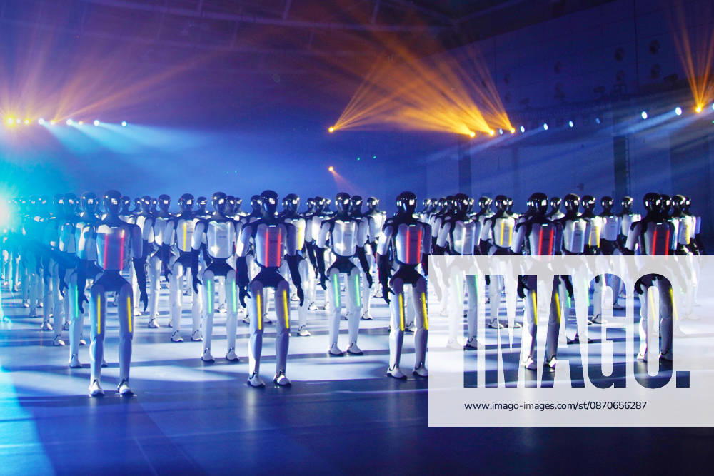 One hundred and ten domestic humanoid robots perform a synchronized dance to challenge for the Guinness World Record for most robots dancing simultaneously at the Yellow River International Convention and Exhibition Center on October 24, 2026 in Jinan, Shandong Province of China.