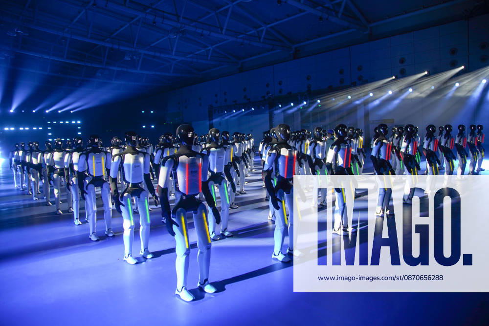 One hundred and ten domestic humanoid robots perform a synchronized dance to challenge for the Guinness World Record for most robots dancing simultaneously at Jinan Yellow River International Convention and Exhibition Center on October 24, 2026 in Jinan, Shandong Province of China. The event was organized by AgileX Robotics.