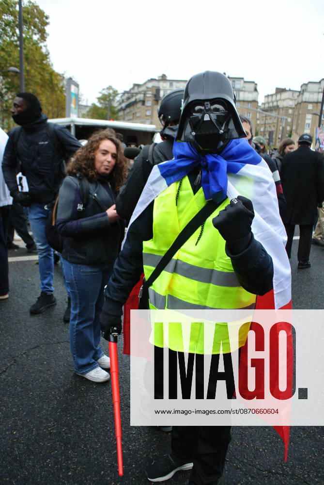 Yellow Vests Protest Act II - Paris Demonstration in favor of purchasing power, the protection of public services, and fiscal and social justice, as part of a nationwide call for mobilisation bringing together former members of the Yellow Vest movement, labor unions, high school and university students. in Paris on October 24, 2026. Photo by Karim Ait Adjedjou ABACAPRESS.COM Paris France