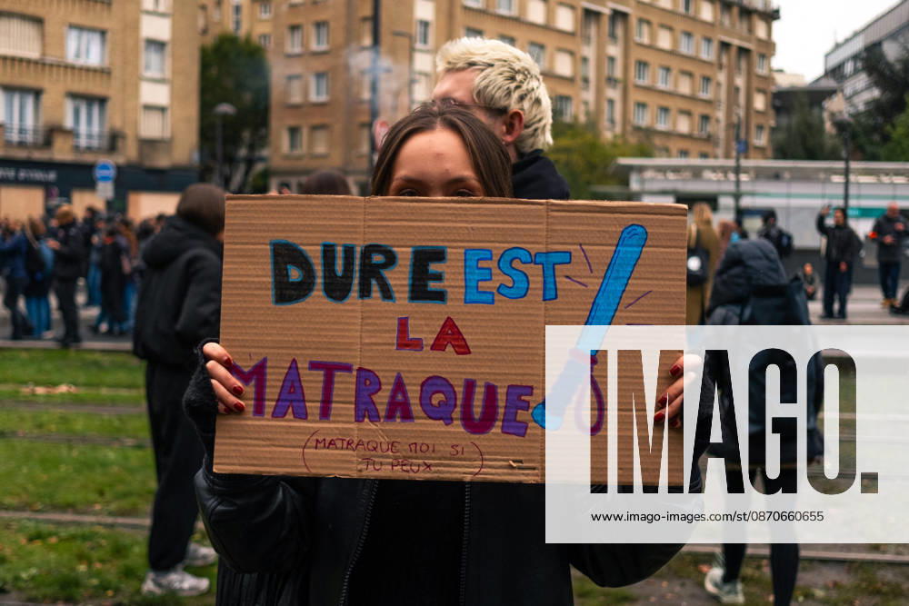 Yellow Vests Protest Act II - Paris Demonstrators carry placards displaying political messages during a march against the rising cost of living and for social justice in Paris, France, on October 24, 2026. The protest follows the boulevards des Maréchaux from Porte d’Italie to Porte de Vincennes, with calls for higher wages and better funding for public services and education. Photo by Jules Bernard ABACAPRESS.COM Paris Île-de-France France