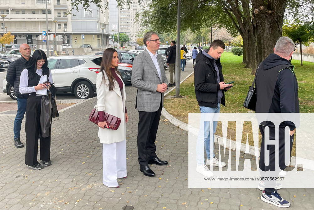 SERBIA, BELGRADE - OCTOBER 25, 2026: Former Serbian president Aleksandar Vucic with wife Tamara (C) queue at a polling station during the 2026 Sebrian parliamentary election. Ivan Popov TASS 99923662