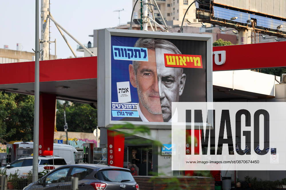 Campaign posters of candidates appear on the streets of Israel ahead of general elections TEL AVIV, ISRAEL - OCTOBER 25: Posters of Democrats Party leader Yair Golan (left) and Prime Minister and Likud Party leader Benjamin Netanyahu (right) are seen as election campaigns intensify two days before the vote as campaign posters of candidates are displayed on billboards and buildings across the streets ahead of the Knesset elections scheduled for October 27, in Tel Aviv, Israel, on October 25, 2026. Nir Keidar Anadolu Tel Aviv Israel. Editorial use only. Please get in touch for any other usage.
