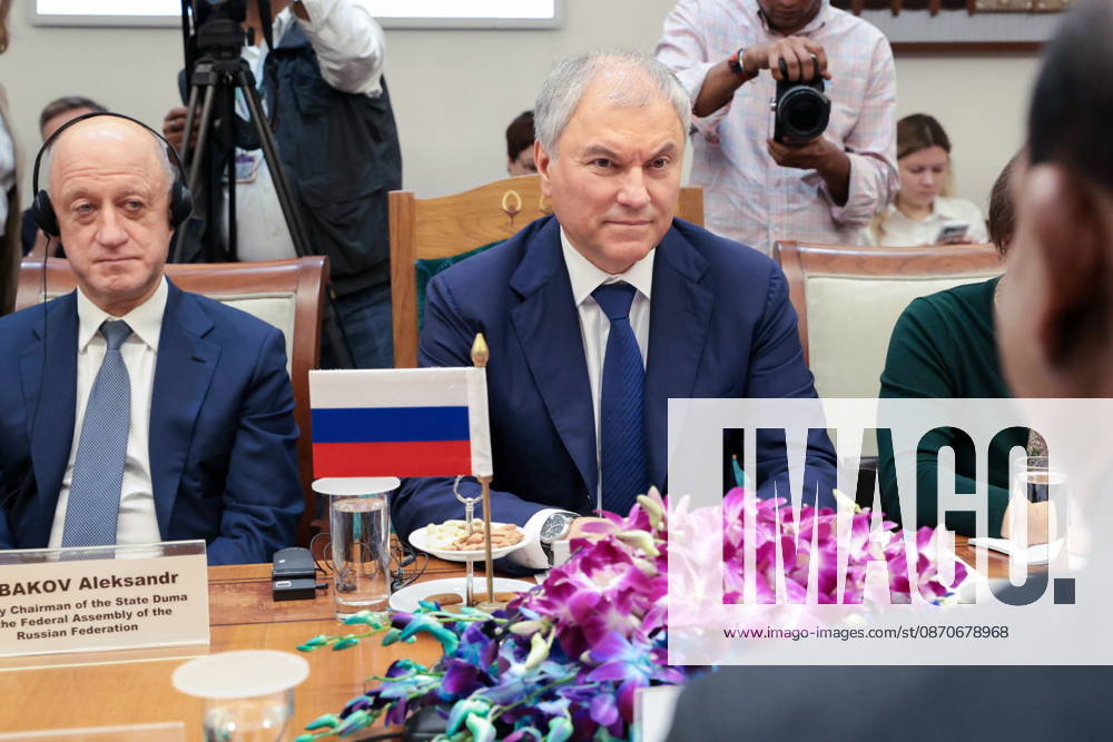 INDIA, NEW DELHI - OCTOBER 25, 2026: The Russian State Duma s Deputy Speaker Alexander Babakov and Speaker Vyacheslav Volodin (L-R) are seen during a meeting with the Speaker of the Lok Sabha, the lower house of the Indian Parliament, Om Birla. Russian officials arrived in India to take part in the 12th BRICS Parliamentary Forum, which Is scheduled to be held in New Delhi on 26-27 October 2026. Russian State Duma Press Service TASS 99934925