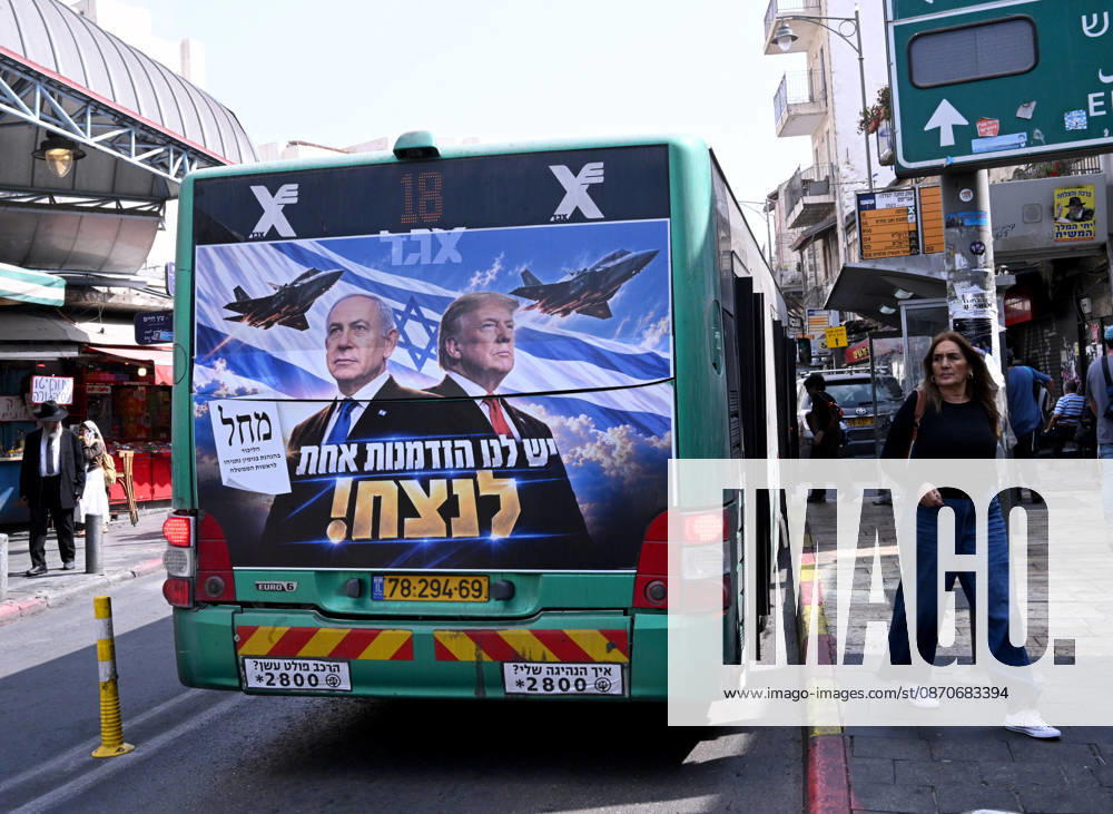 An election campaign poster for Prime Minister Benjamin Netanyahu with U.S. President Donald Trump and fighter jets, reads in Hebrew We Have One Chance To Win is seen on the back of a bus in Jerusalem on Sunday, October 25, 2026. According to the latest election polls, Gadi Eisenkot s Yashar Party leads Prime Minister Benjamin Netanyahu s Likud Party two days before the election. Israelis will head to the polls on October 27 to vote in the first general election since the Hamas massacre on October 7, 2023. JER2026102515 DEBBIExHILL