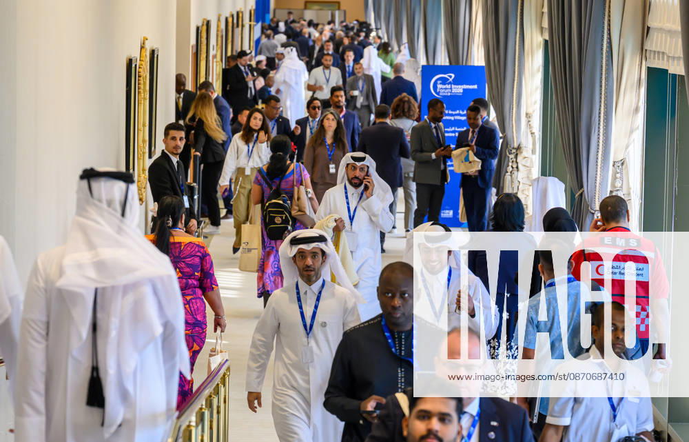 Delegates walk through a crowded hallway during the opening day of 9th World Investment Forum (WIF 2026). The three-day summit, organized by United Nations Conference on Trade and Development Doha Qatar - ZUMAs197 20261025_aaa_s197_087