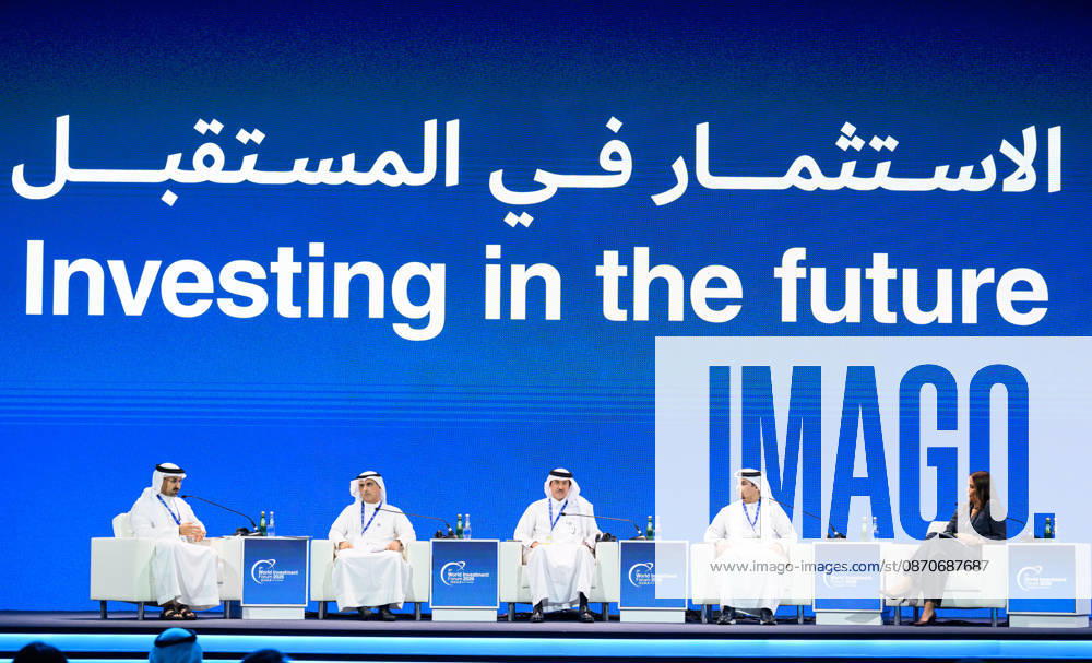 ( Lto R) Abdulla Bin Adel Fakhro, Minister of Industry and Commerce of Bahrain, Abdulaziz Nasser Abdulaziz Al-Marzouq, Minister for Economic Affairs and Investment, of Kuwait, Ahmad bin Mohammed Al Sayed, Minister of State for Foreign Trade of the State of Qatar and Fahad Al Gergawi, Undersecretary Ministry of Foreign Trade of United Arab Emirates, during a plenary session following the opening ceremony of the 9th World Investment Forum (WIF 2026). The three-day summit, organized by United Nations Conference on Trade and Development Doha Qatar - ZUMAs197 20261025_aaa_s197_090
