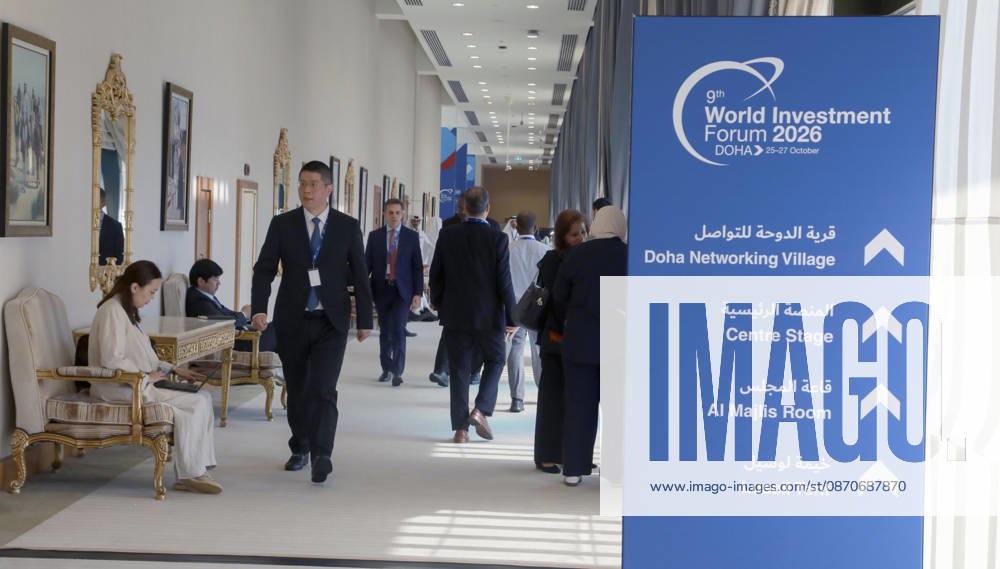 Doha Qatar World Investment Forum Participants walk along a corridor beside signs directing visitors to the World Investment Forum meeting rooms at the Sheraton Convention Center in Doha, Qatar, on October 25, 2026. The ninth World Investment Forum, organized by UN Trade and Development (UNCTAD) and hosted by Qatar from October 25 to 27 under the theme Investing in the Future, brings together government officials, investors and business leaders to discuss international investment, sustainable development and economic resilience. Doha Baladiyat ad Dawhah Qatar