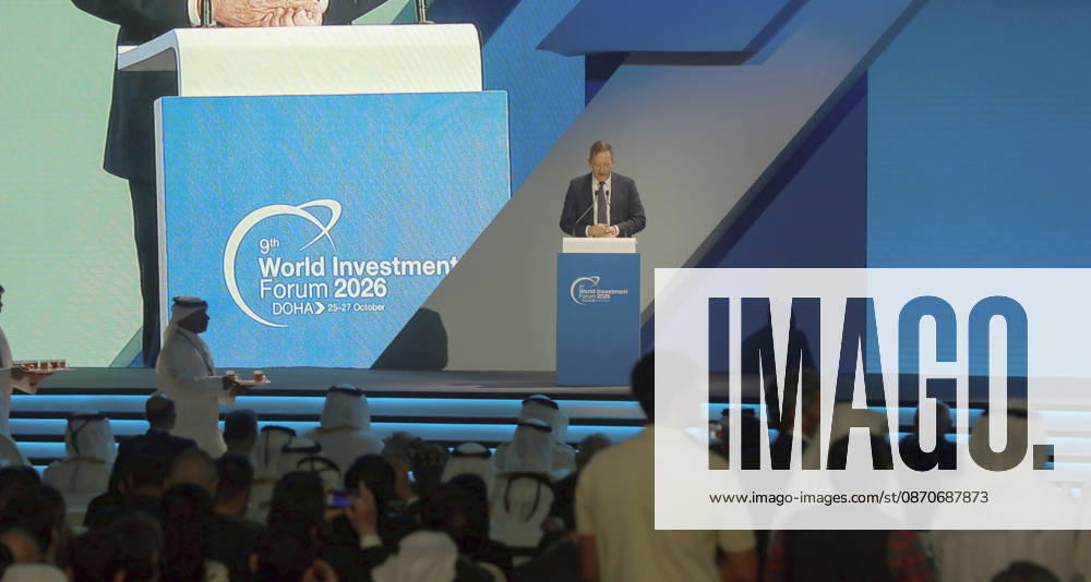 Doha Qatar World Investment Forum Adrian Finighan, English presenter and ceremony moderator, delivers remarks at a podium during the World Investment Forum in Doha, Qatar, on October 25, 2026. The ninth World Investment Forum, organized by UN Trade and Development (UNCTAD) and hosted by Qatar from October 25 to 27 under the theme Investing in the Future, brings together government officials, investors and business leaders to discuss international investment, sustainable development and economic resilience. Doha Baladiyat ad Dawhah Qatar