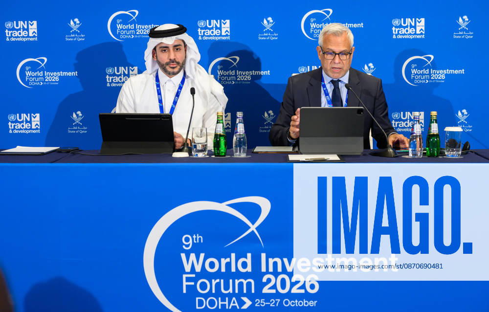 Marcelo Risi, (R) Senior Communications Officer at UN Trade and Development (UNCTAD), and Hamad Mohammed Al-Nasr, (L) Director of Trade Development and Investment Promotion at Qatar s Ministry of Commerce and Industry, attend a press conference before the opening of 9th World Investment Forum (WIF 2026). The three-day summit, organized by United Nations Conference on Trade and Development Doha Qatar - ZUMAs197 20261025_aaa_s197_131