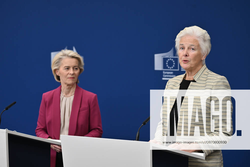 European Commission officials make joint press statement on comprehensive review in Brussels BRUSSELS, BELGIUM - OCTOBER 26: European Commission President Ursula von der Leyen (C), Commissioner Piotr Serafin (L), and Catherine Day (R), Chair of the High-Level Group on the Future of the Public Service of the Commission, deliver a press statement following the handover of a report prepared by external experts on the comprehensive review of the Commission in Brussels, Belgium on October 26, 2026. Dursun Aydemir Anadolu Brussels Belgium. Editorial use only. Please get in touch for any other usage.