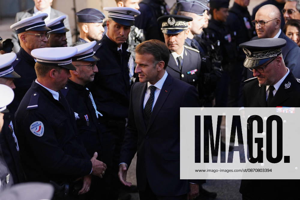 President Macron visits Marseille a Week After the Riots - France French President Emmanuel Macron meets with the police force in Marseille, France, Monday, October 26, 2026, during a visit to notice the return of republican order after the violence and looting that punctuated the citizen mobilization of October 17, 2026. Protests by high school students over learning conditions sparked a movement that has since spread nationwide, fuelled by broader anger over the rising cost of living. Photo by Aurelien Morissard Pool ABACAPRESS.COM Marseille France