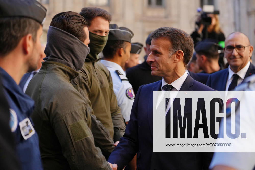 President Macron visits Marseille a Week After the Riots - France French President Emmanuel Macron meets with the police force in Marseille, France, Monday, October 26, 2026, during a visit to notice the return of republican order after the violence and looting that punctuated the citizen mobilization of October 17, 2026. Protests by high school students over learning conditions sparked a movement that has since spread nationwide, fuelled by broader anger over the rising cost of living. Photo by Aurelien Morissard Pool ABACAPRESS.COM Marseille France