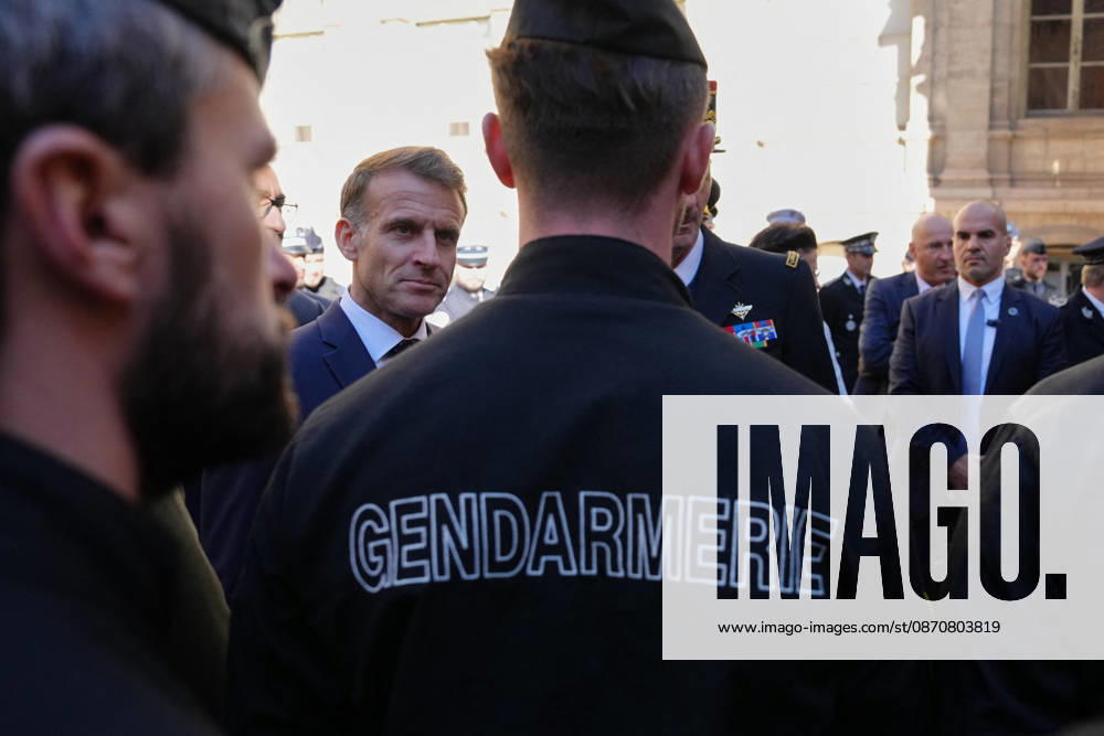 President Macron visits Marseille a Week After the Riots - France French President Emmanuel Macron meets with the police force in Marseille, France, Monday, October 26, 2026, during a visit to notice the return of republican order after the violence and looting that punctuated the citizen mobilization of October 17, 2026. Protests by high school students over learning conditions sparked a movement that has since spread nationwide, fuelled by broader anger over the rising cost of living. Photo by Aurelien Morissard Pool ABACAPRESS.COM Marseille France