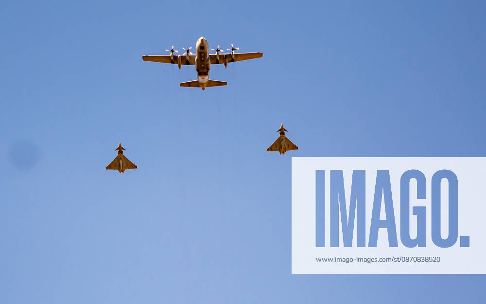 Official celebrations for Austria’s National Day 2026 Oath-taking ceremony during the official celebrations for National Day 2026 at Heldenplatz in Vienna, Austria. The photo shows Eurofighter and Hercules transport aircraft flying overhead. Vienna, Heldenplatz, Vienna, Austria