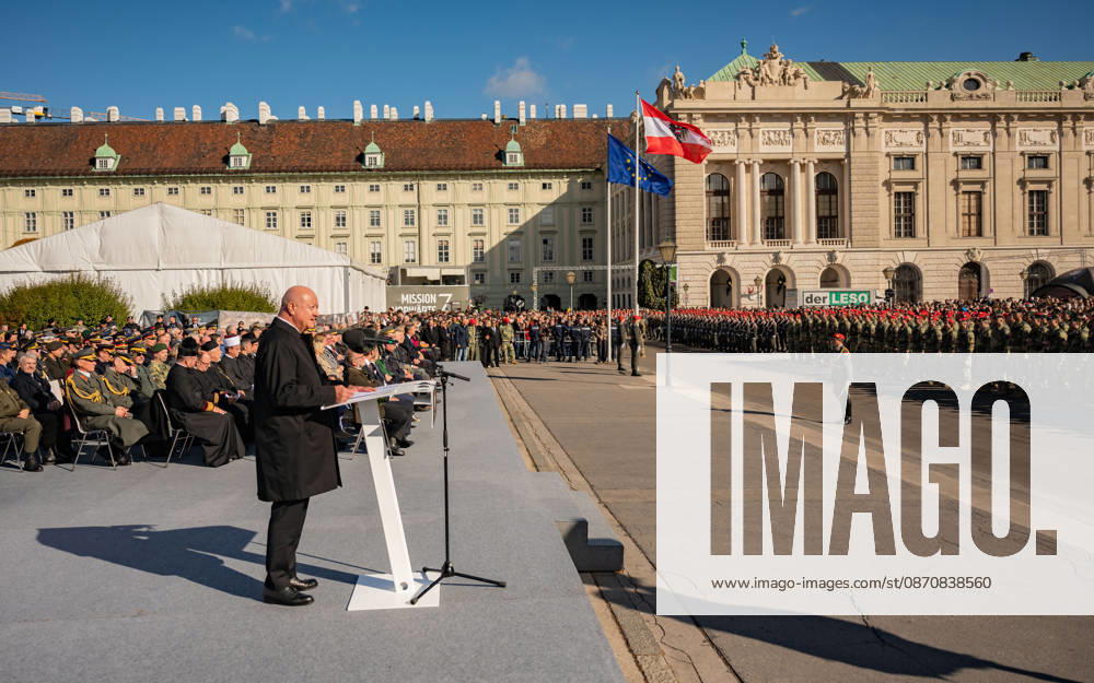 Official celebrations for the 2026 Austrian National Day Oath-taking ceremony during the official celebrations for the 2026 National Day at Heldenplatz in Vienna, Austria. The photo shows ÖVP Federal Party Chairman and Federal Chancellor Christian Stocker in Vienna at Heldenplatz, Vienna, Austria