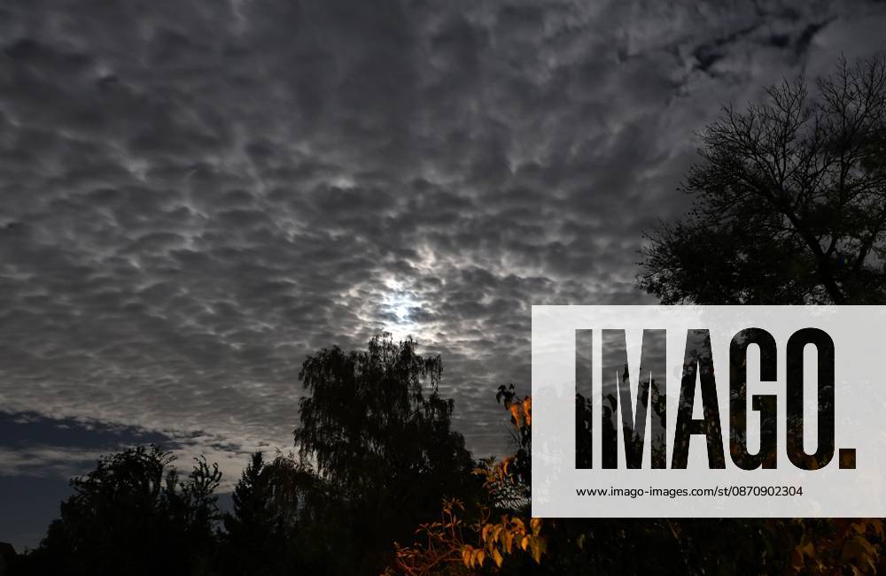 Full Moon, October 26, 2026, Ostramondra—the full moon hangs in the night sky; a layer of gray clouds in wave-like patterns lies like a blanket over the moon and the night sky. The cloud types are altocumulus undulatus and altocumulus floccus (fleecy clouds).