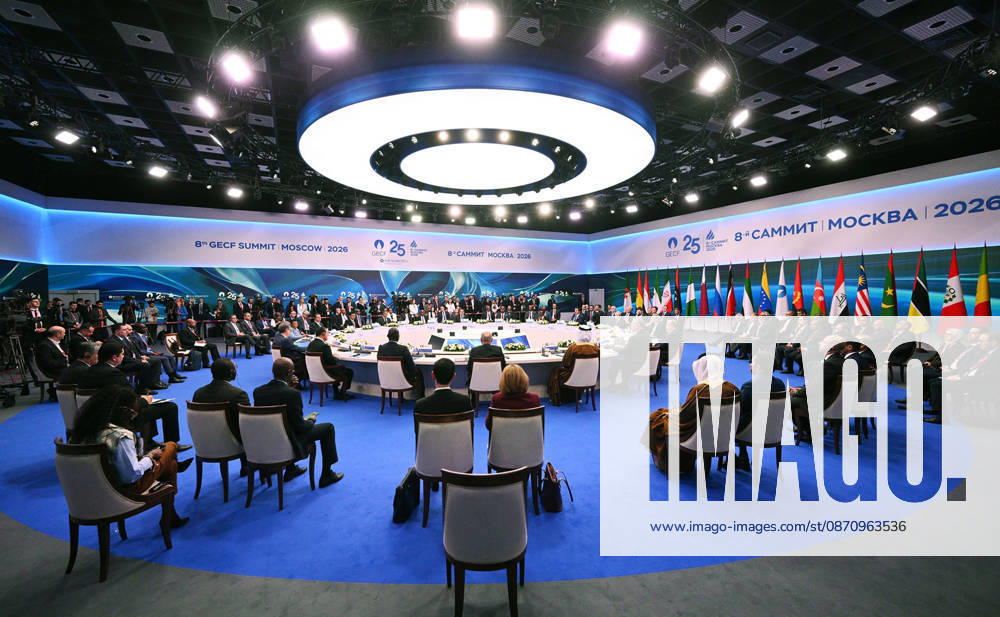 Russian President Vladimir Putin and leaders attend the 8th Gas Exporting Countries Forum (GECF) summit at the World Trade Center in Moscow , Russia, Tuesday, October. 27, 2026. The summit discussed the energy crisis and the closure of the Strait of Hormuz. On the sidelines of the event, Russian President Vladimir Putin met with Iranian President Masoud Pezeshkian and Qatari Emir Sheikh Tamim bin Hamad Al Thani to discuss the same crisis, tensions with the United States, and the implications of escalating military activity in the Gulf region. RUS2026102716 KremlinxPressxOffice