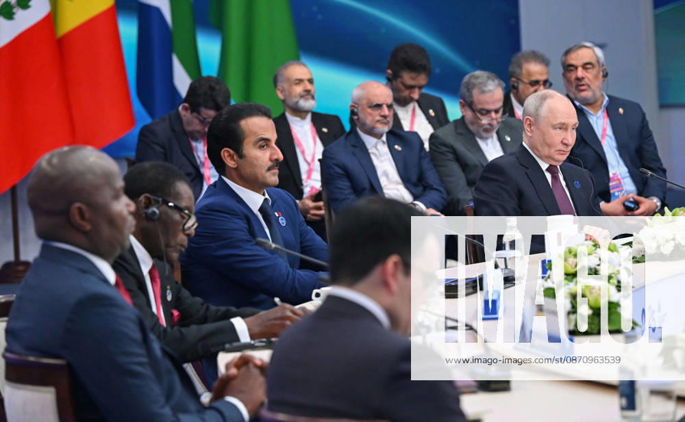 Russian President Vladimir Putin (R) and leaders attend the 8th Gas Exporting Countries Forum (GECF) summit at the World Trade Center in Moscow , Russia, Tuesday, October. 27, 2026. The summit discussed the energy crisis and the closure of the Strait of Hormuz. On the sidelines of the event, Russian President Vladimir Putin met with Iranian President Masoud Pezeshkian and Qatari Emir Sheikh Tamim bin Hamad Al Thani to discuss the same crisis, tensions with the United States, and the implications of escalating military activity in the Gulf region. RUS2026102717 KremlinxPressxOffice